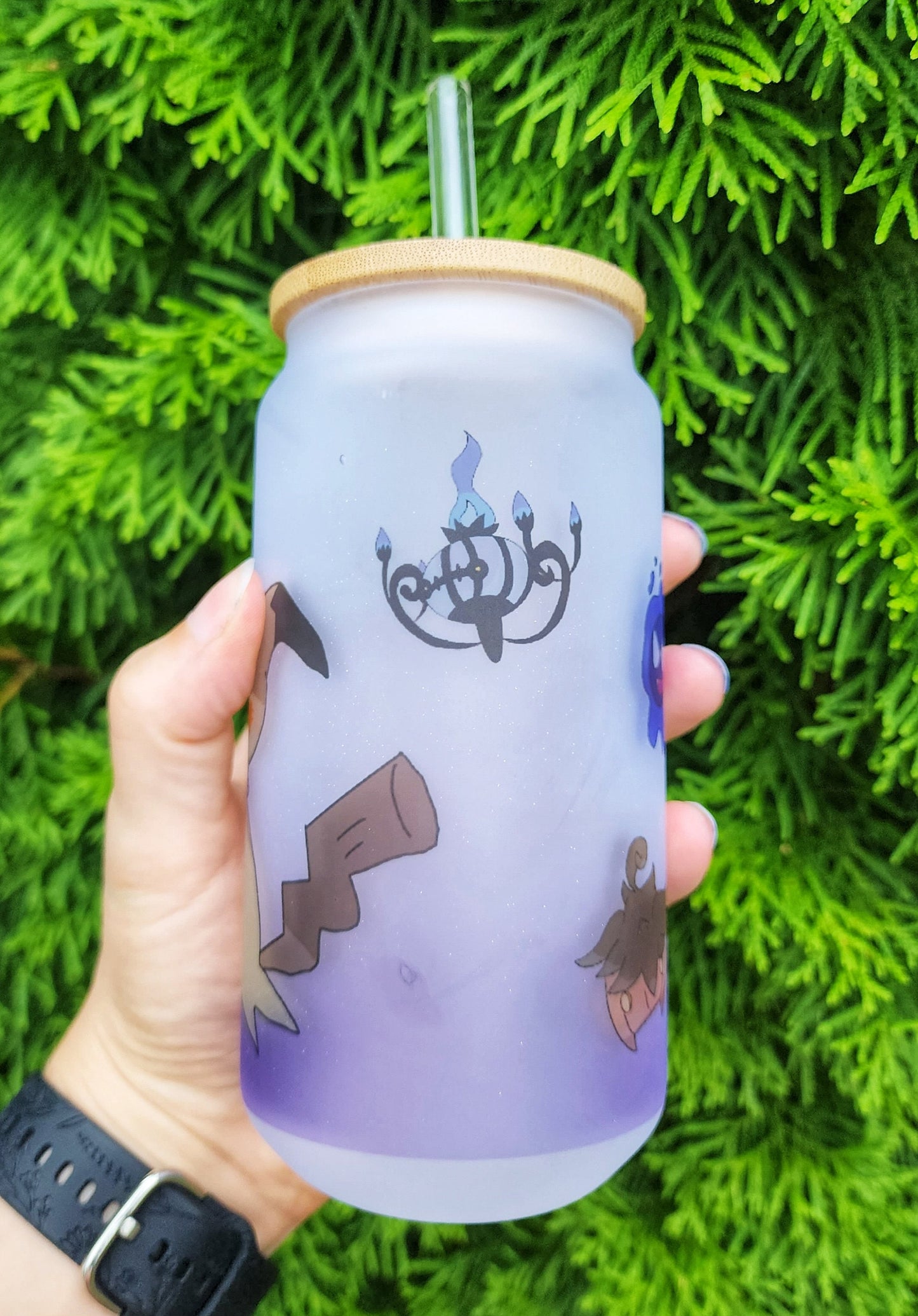 Ghost Purple Demon Devil Copy Friend Cup Iced Coffee Glass Glass Can with Bamboo Lid and Straw Cute Cup 18oz Cup Drink