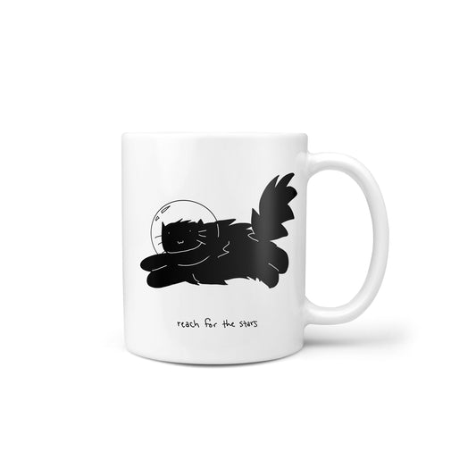 Reach For the Stars Black Cat Coffee Mug, Astronaut Cat Mug, Space Mug, Cat Fan Mug, Black Cat Mug, Funny Coffee Mug, Cute Cat Coffee Mug