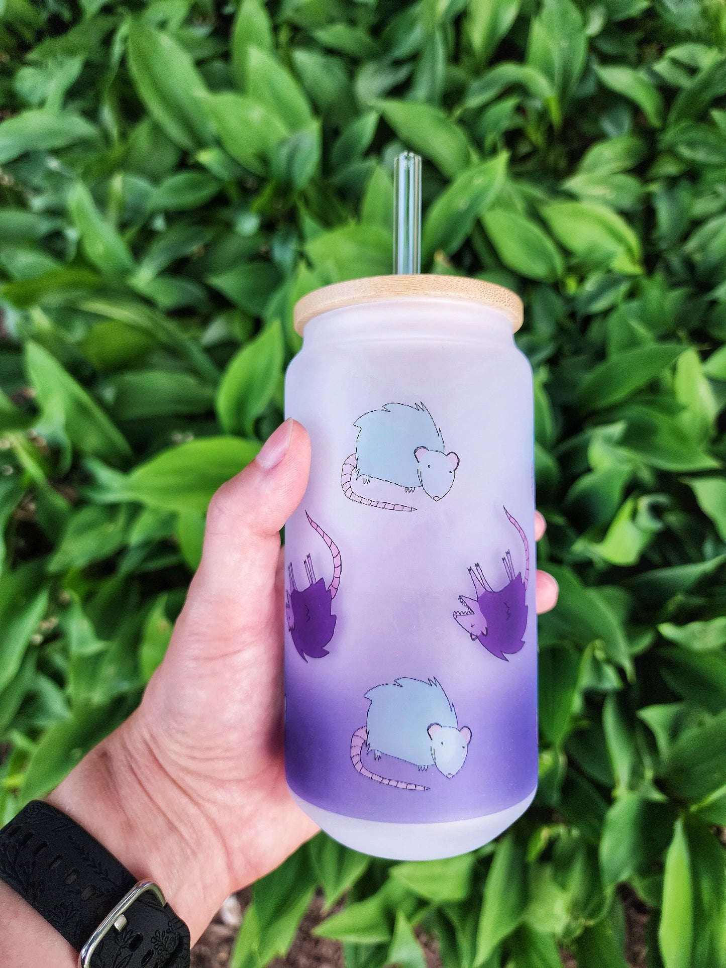 Purple Blue Possum Cup Iced Coffee Glass Glass Can with Bamboo Lid and Straw Cute Cup 18oz Cup Drink