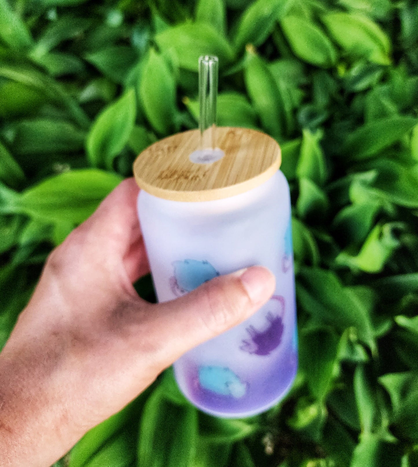 Purple Blue Possum Cup Iced Coffee Glass Glass Can with Bamboo Lid and Straw Cute Cup 18oz Cup Drink