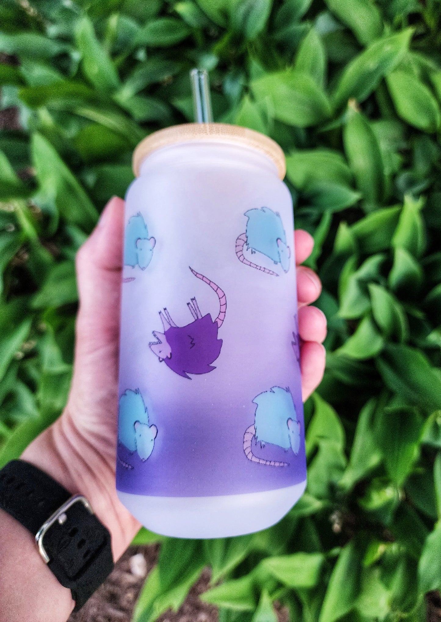 Purple Blue Possum Cup Iced Coffee Glass Glass Can with Bamboo Lid and Straw Cute Cup 18oz Cup Drink