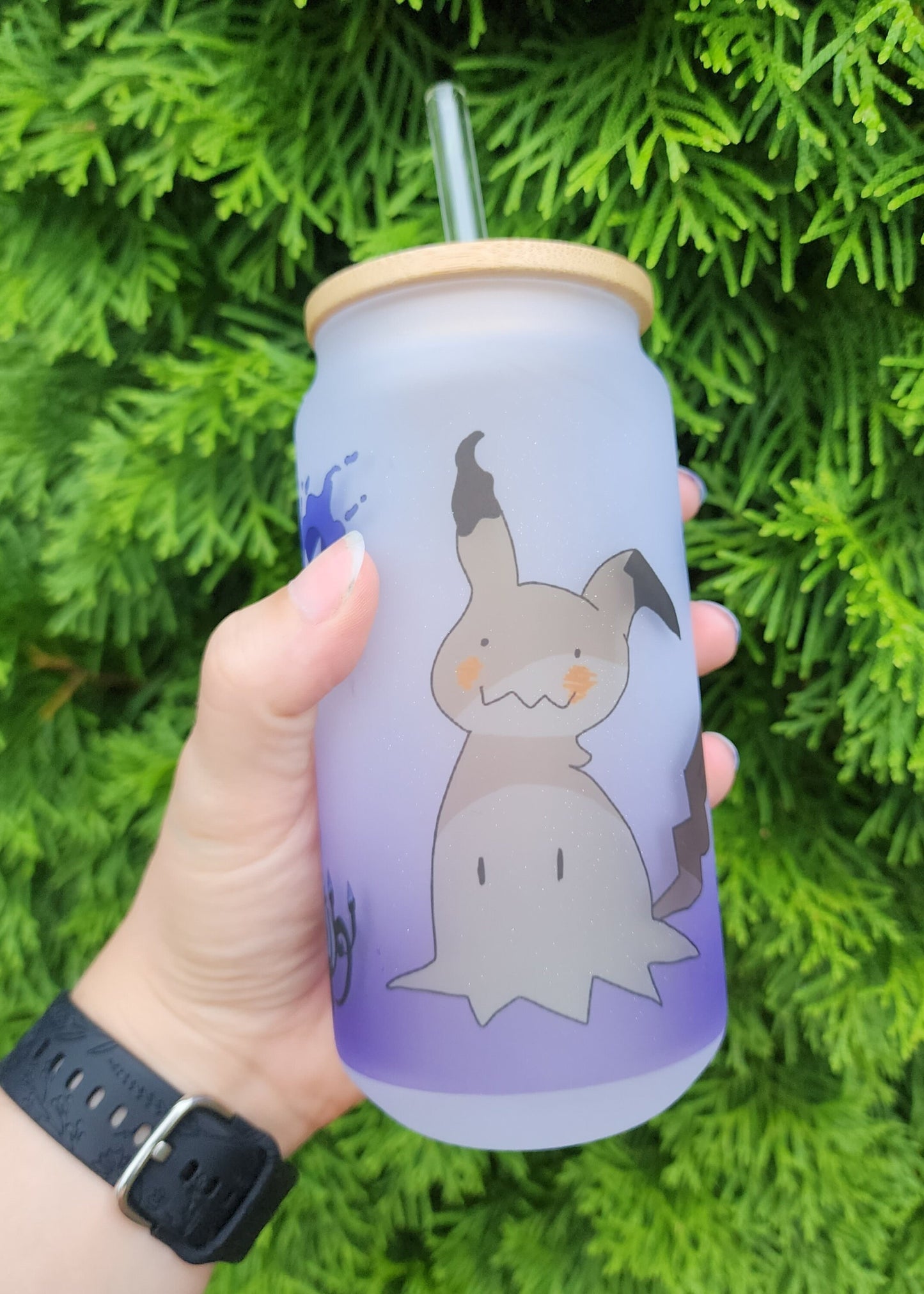 Ghost Purple Mimikyu Demon Devil Copy Friend Cup Iced Coffee Glass Glass Can with Bamboo Lid and Straw Cute Cup 18oz Cup Drink
