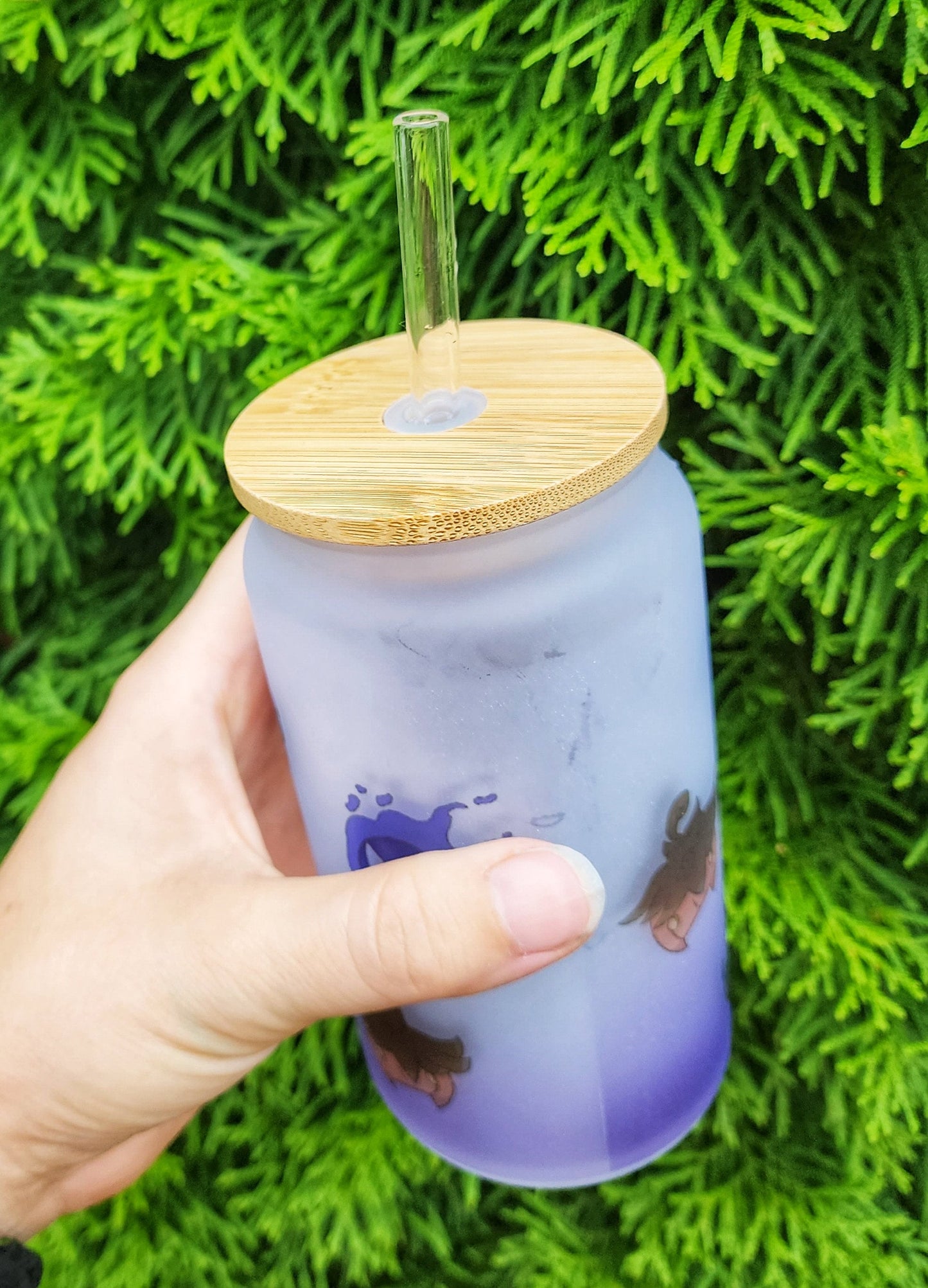 Ghost Purple Demon Devil Copy Friend Cup Iced Coffee Glass Glass Can with Bamboo Lid and Straw Cute Cup 18oz Cup Drink