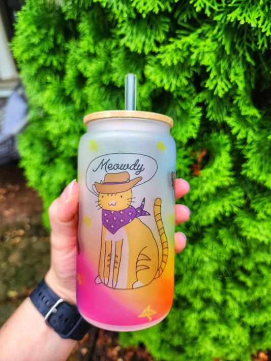 Meowdy Cowboy Rainbow Orange Tabby Cat Yellow Stars Cup Iced Coffee Glass Glass Can with Bamboo Lid and Straw Cute Cup 18oz Cup Drink