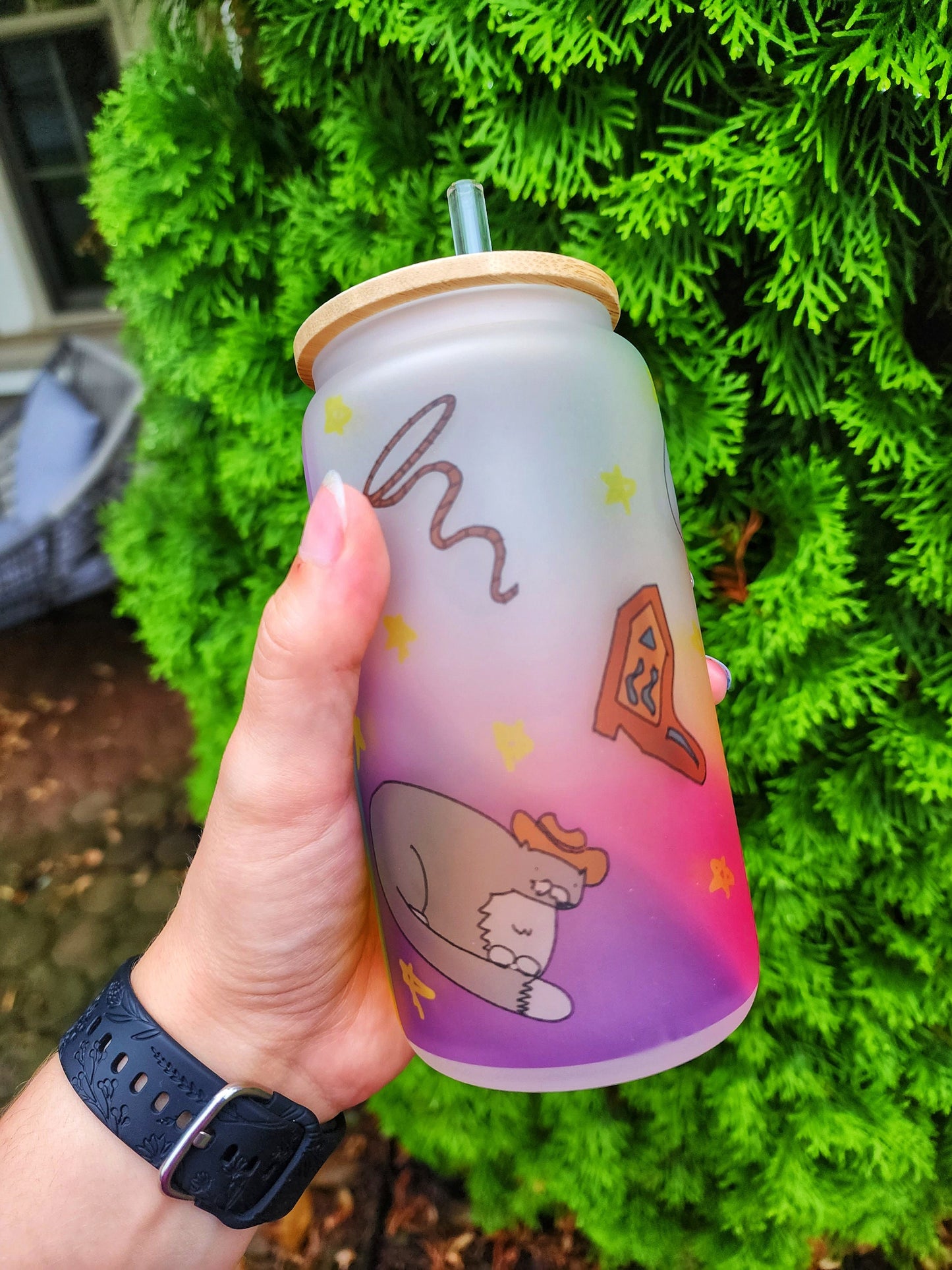 Meowdy Cowboy Rainbow Orange Tabby Cat Yellow Stars Cup Iced Coffee Glass Glass Can with Bamboo Lid and Straw Cute Cup 18oz Cup Drink