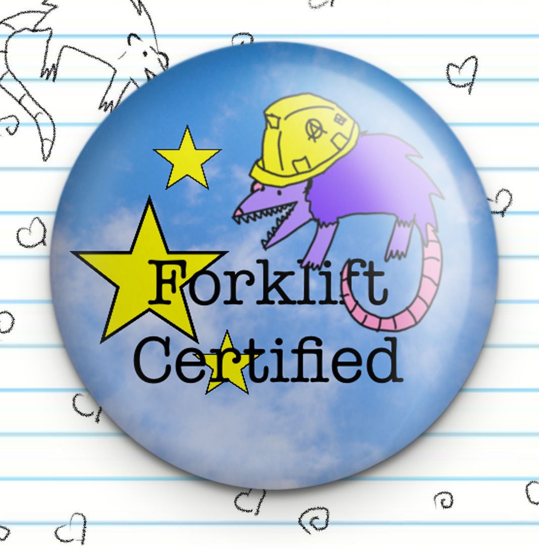 Forklift Certified Possum Opossum 1.25" Button, OSHA Compliant Button, Possum Fan Gift, Possum Fan Gift, Blue Collar Work, Purple Possum