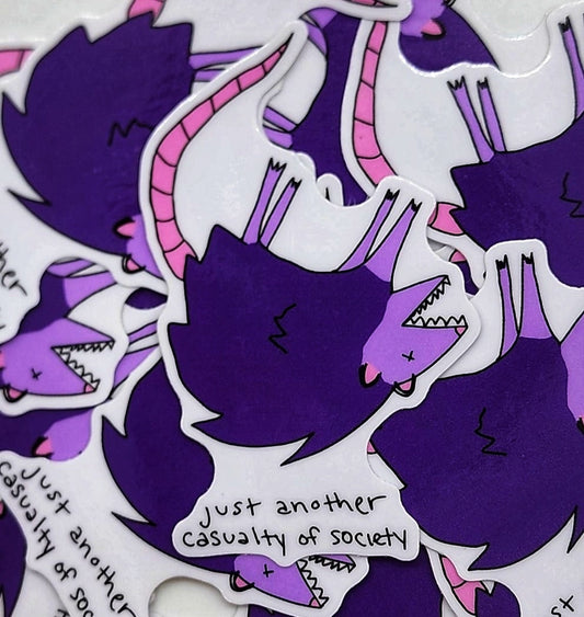 Just Another Casualty Purple Possum Vinyl Die-Cut Sticker, Gray Possum Sticker, Funny Possum Sticker, Trash Animal Meme, Pop Punk Sticker